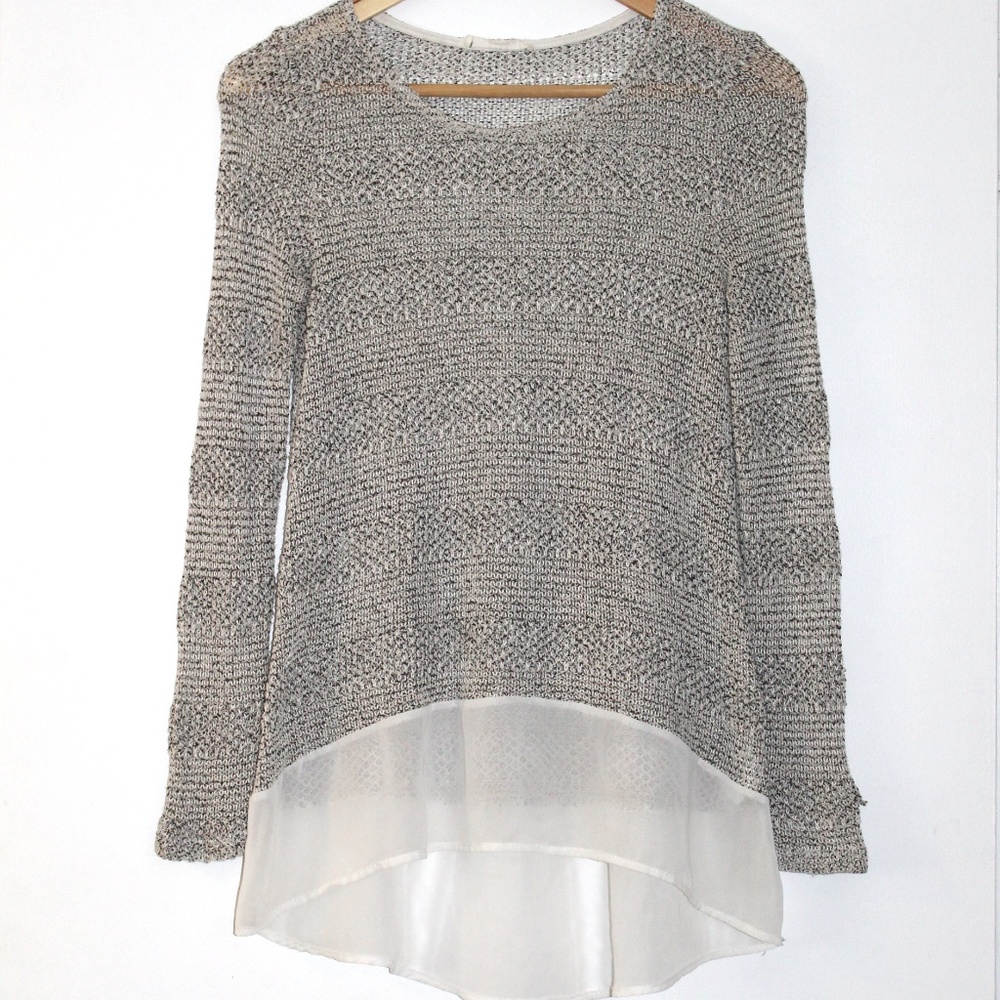 Lush Grey Open Weave Sweater w/Chiffon under S
